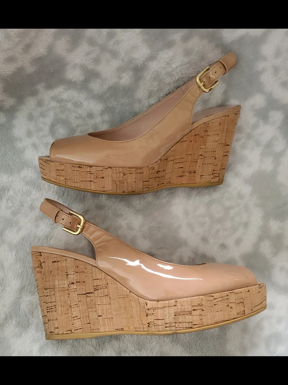 Stuart Weitzman Nude Patent Peep-Toe Cork Wedge Slingback Heels Size 8 - Picture 5 of 12
